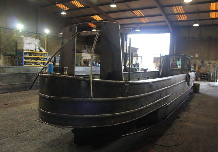 Steel Shell of a narrow boat being built